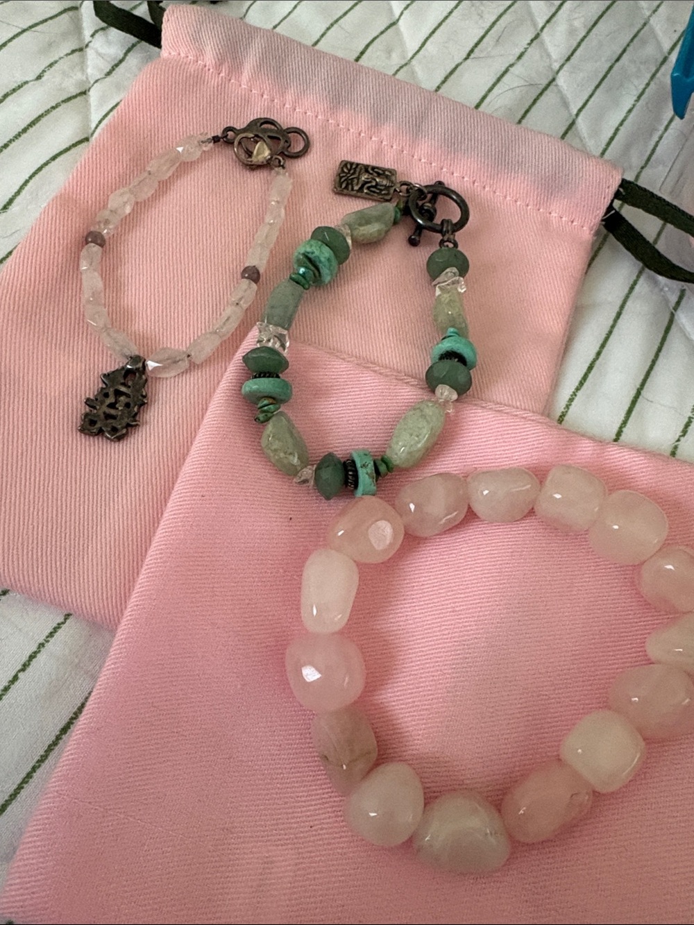 Set of 3 - Vintage Pink Rose Quartz Stretch Bracelets and green stone bracelet